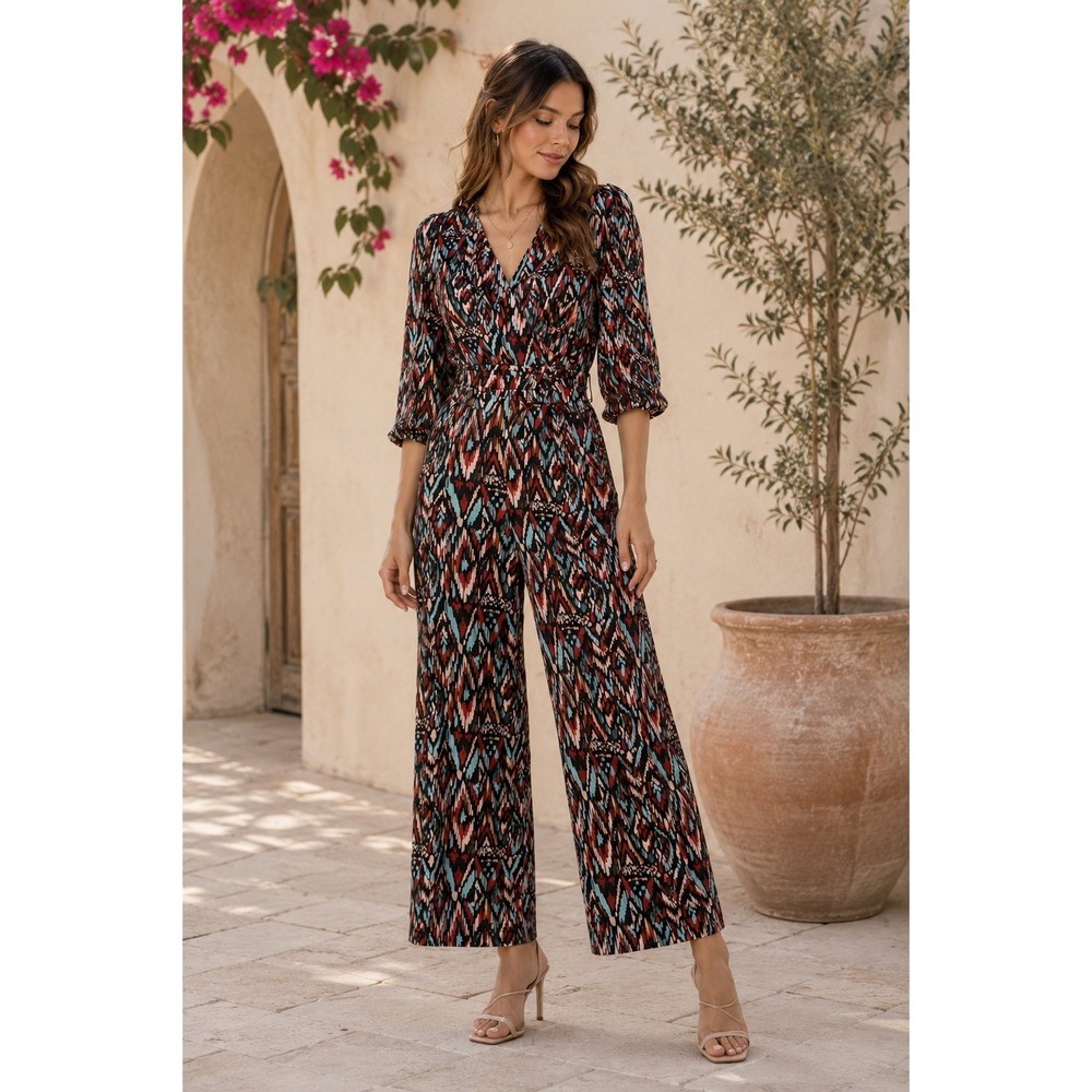Alexia Admor Kara Wide Leg Jumpsuit Sz S Abstract Ikat Print V-Neck 3/4 Sleeve